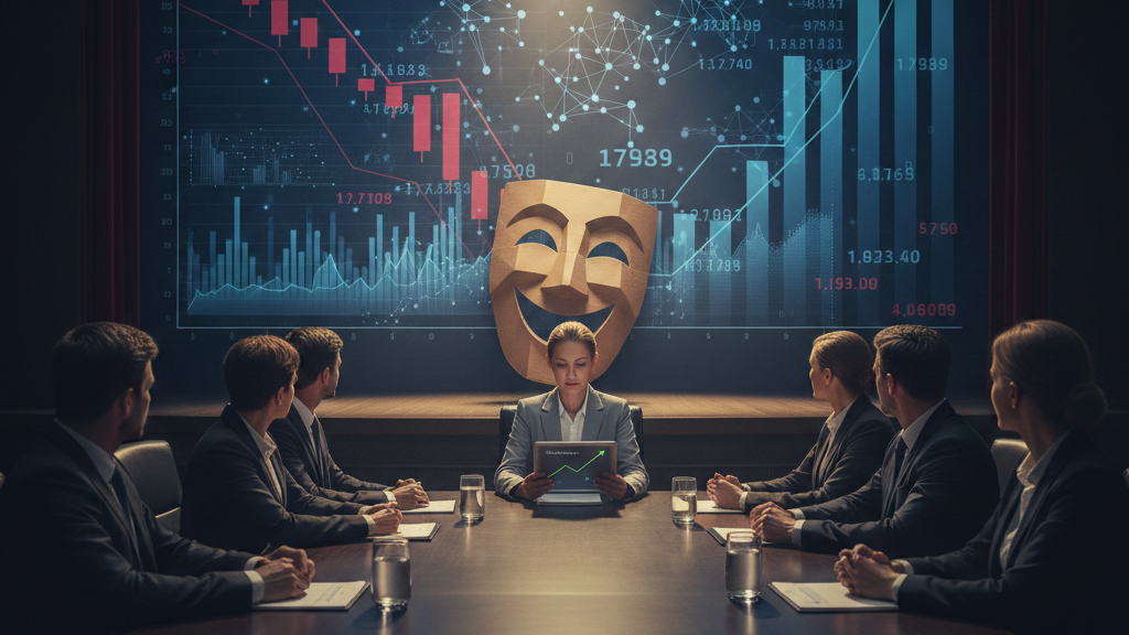 Uma executiva (CMO) em uma mesa de reunião com acionistas, apresentando um gráfico de dados financeiros com uma máscara teatral de Comédia (símbolo de vaidade) projetada no centro da tela.